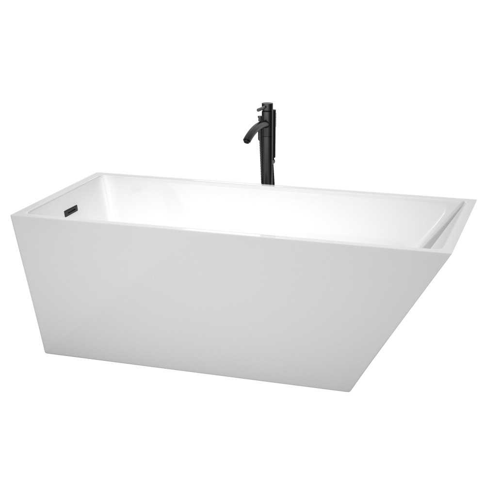 67 Inch Freestanding Bathtub in White, Floor Mounted Faucet, Drain, Trim in Black