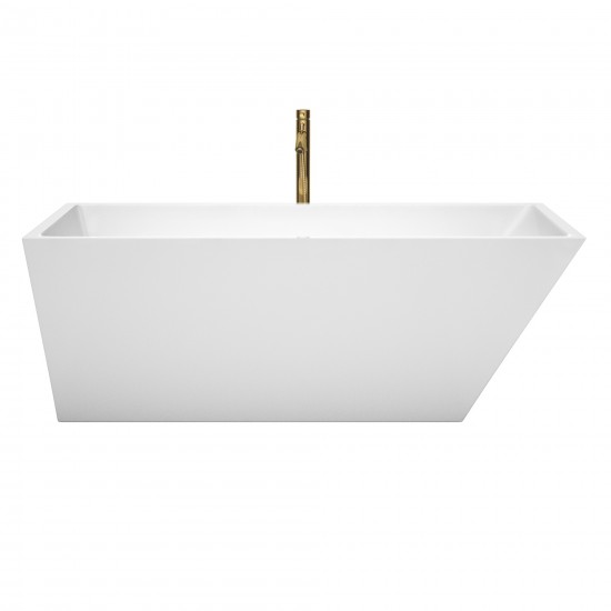 67 Inch Freestanding Bathtub in White, White Trim, Floor Mounted Faucet in Gold