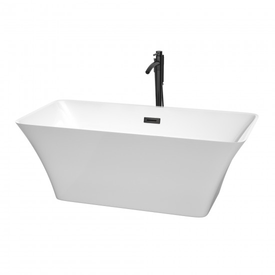 59 Inch Freestanding Bathtub in White, Floor Mounted Faucet, Drain, Trim in Black