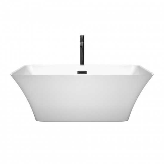 59 Inch Freestanding Bathtub in White, Floor Mounted Faucet, Drain, Trim in Black