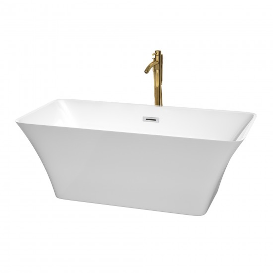 59 Inch Freestanding Bathtub in White, Chrome Trim, Floor Mounted Faucet in Gold