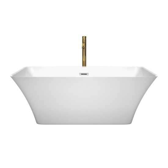 59 Inch Freestanding Bathtub in White, Chrome Trim, Floor Mounted Faucet in Gold