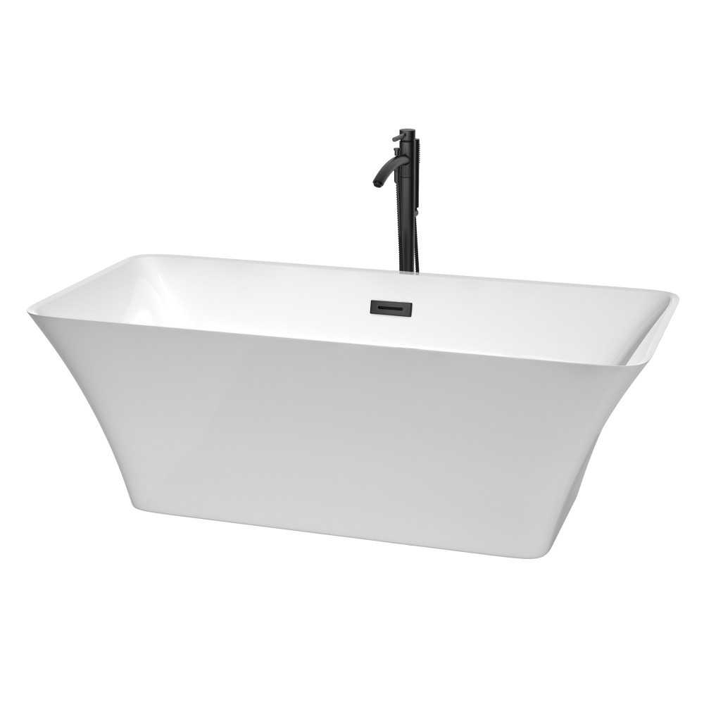 67 Inch Freestanding Bathtub in White, Floor Mounted Faucet, Drain, Trim in Black