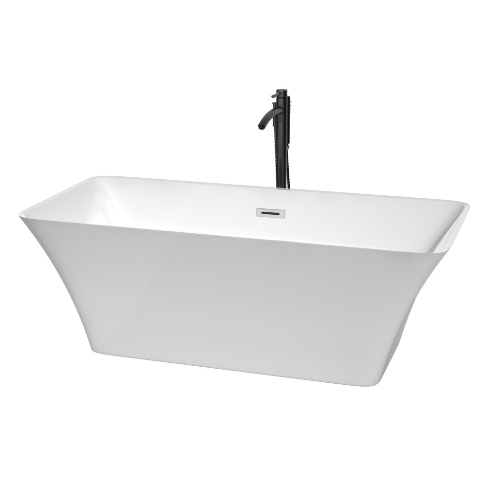 67 Inch Freestanding Bathtub in White, Chrome Trim, Floor Mounted Faucet in Black