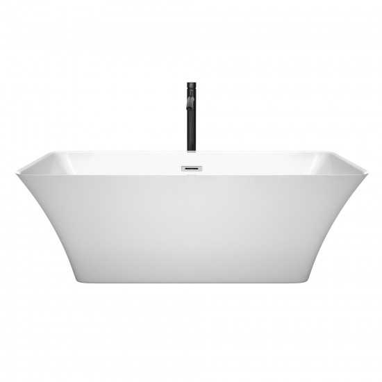 67 Inch Freestanding Bathtub in White, Chrome Trim, Floor Mounted Faucet in Black