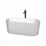 59 Inch Freestanding Bathtub in White, Floor Mounted Faucet, Drain, Trim in Black