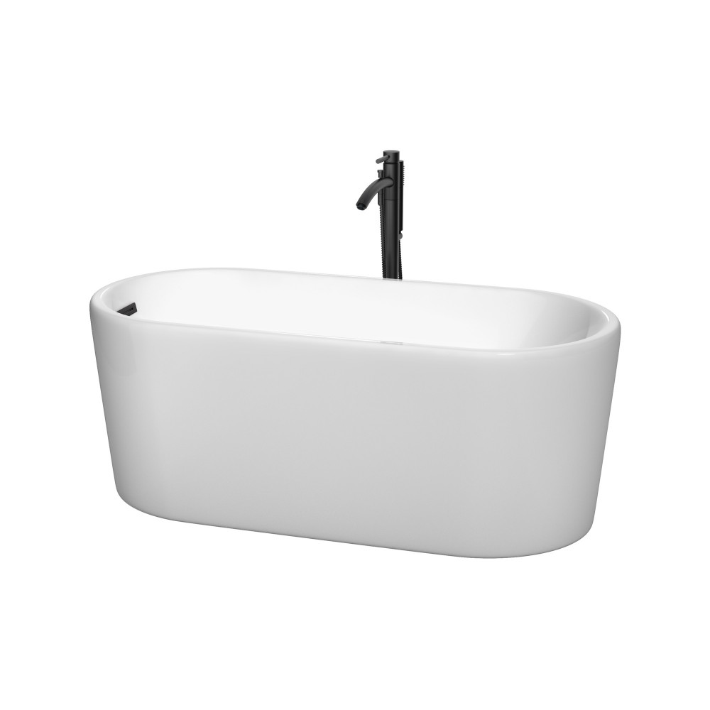 59 Inch Freestanding Bathtub in White, Floor Mounted Faucet, Drain, Trim in Black