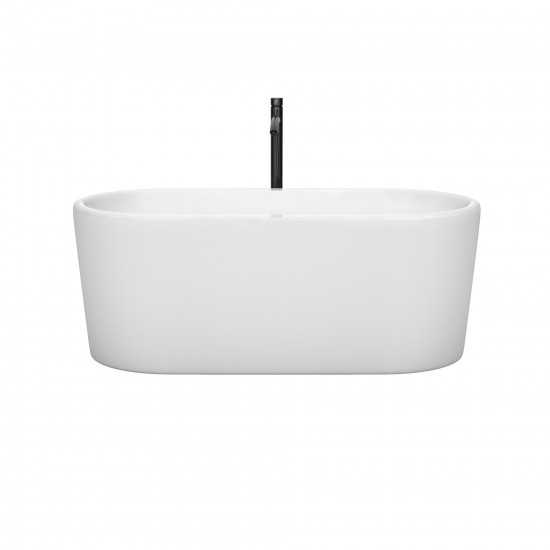 59 Inch Freestanding Bathtub in White, Floor Mounted Faucet, Drain, Trim in Black