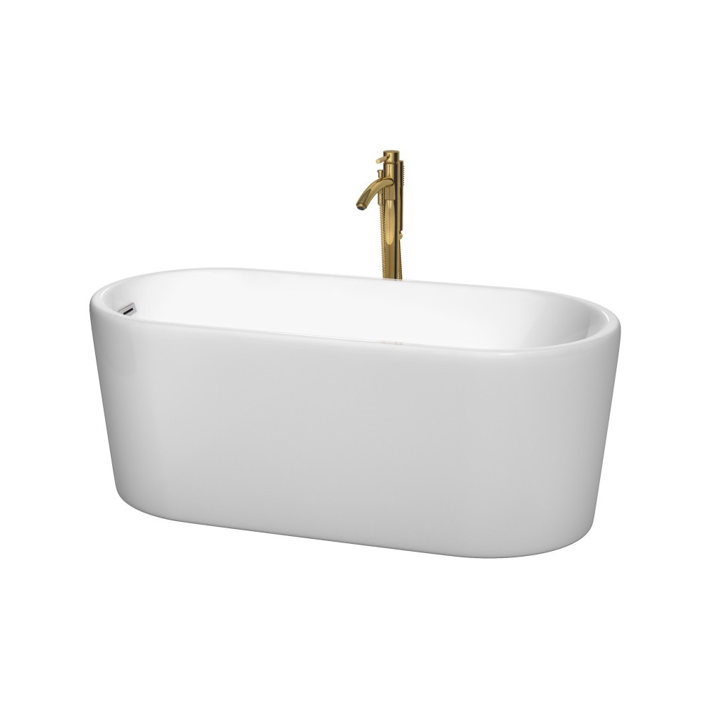 59 Inch Freestanding Bathtub in White, Chrome Trim, Floor Mounted Faucet in Gold