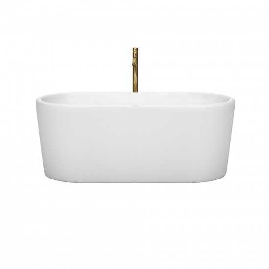 59 Inch Freestanding Bathtub in White, Chrome Trim, Floor Mounted Faucet in Gold