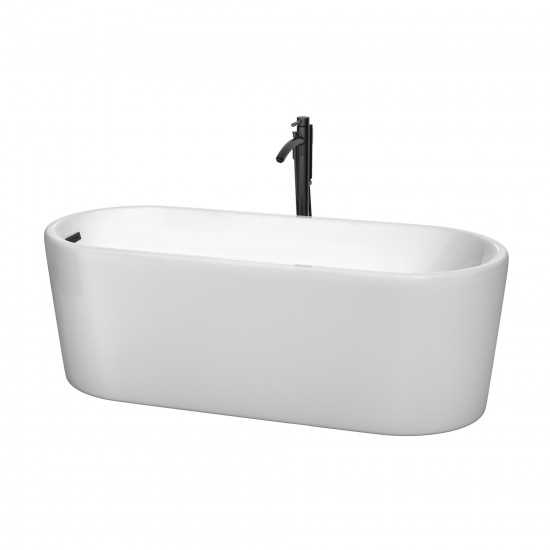 67 Inch Freestanding Bathtub in White, Floor Mounted Faucet, Drain, Trim in Black