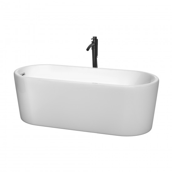 67 Inch Freestanding Bathtub in White, Chrome Trim, Floor Mounted Faucet in Black