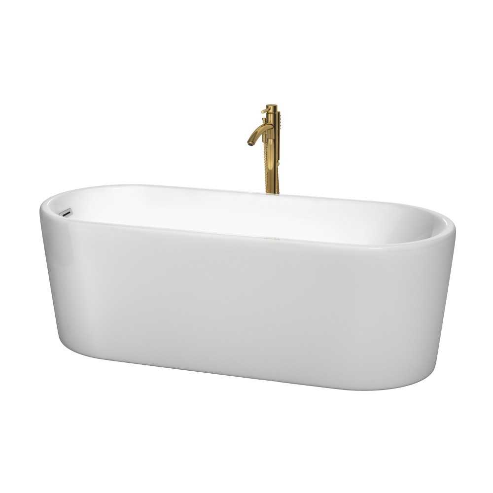 67 Inch Freestanding Bathtub in White, Chrome Trim, Floor Mounted Faucet in Gold