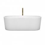 67 Inch Freestanding Bathtub in White, White Trim, Floor Mounted Faucet in Gold