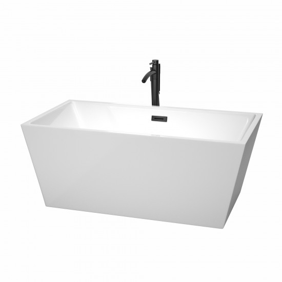 59 Inch Freestanding Bathtub in White, Floor Mounted Faucet, Drain, Trim in Black