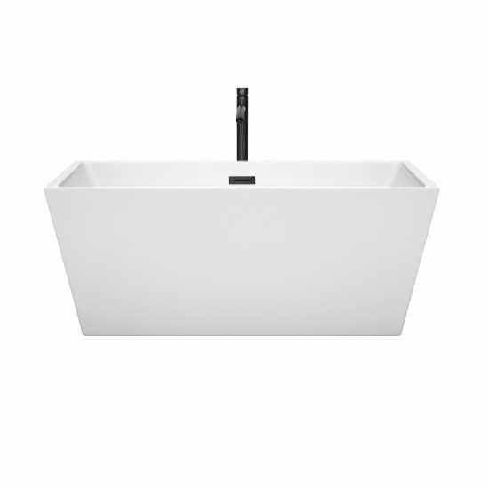 59 Inch Freestanding Bathtub in White, Floor Mounted Faucet, Drain, Trim in Black