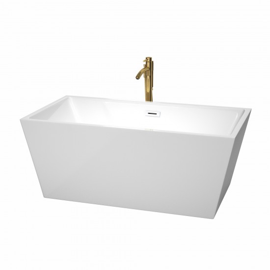 59 Inch Freestanding Bathtub in White, White Trim, Floor Mounted Faucet in Gold