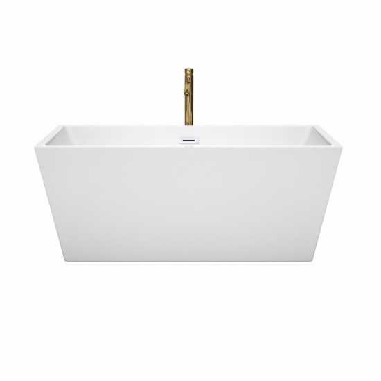 59 Inch Freestanding Bathtub in White, White Trim, Floor Mounted Faucet in Gold