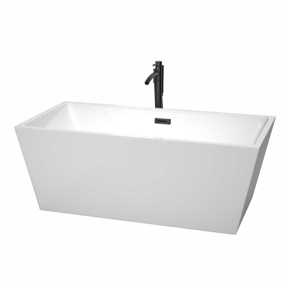 63 Inch Freestanding Bathtub in White, Floor Mounted Faucet, Drain, Trim in Black