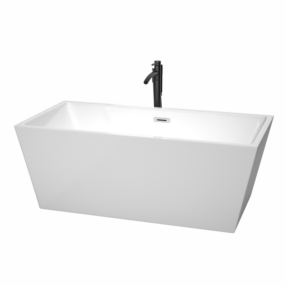 63 Inch Freestanding Bathtub in White, Chrome Trim, Floor Mounted Faucet in Black