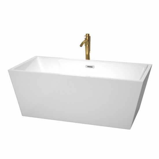 63 Inch Freestanding Bathtub in White, Chrome Trim, Floor Mounted Faucet in Gold