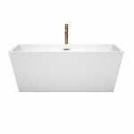 63 Inch Freestanding Bathtub in White, Chrome Trim, Floor Mounted Faucet in Gold
