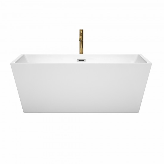 63 Inch Freestanding Bathtub in White, Chrome Trim, Floor Mounted Faucet in Gold