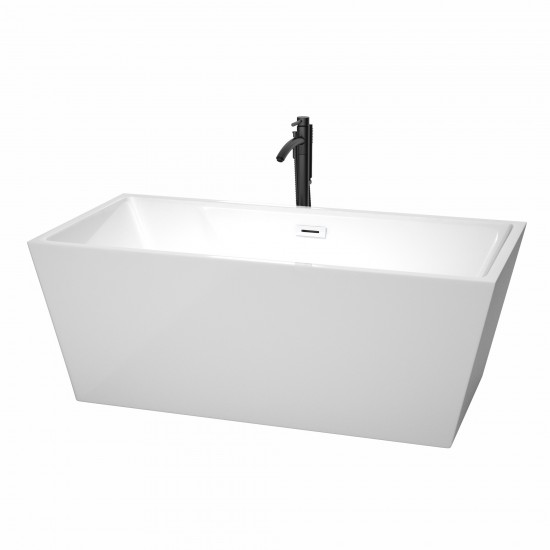 63 Inch Freestanding Bathtub in White, White Trim, Floor Mounted Faucet in Black