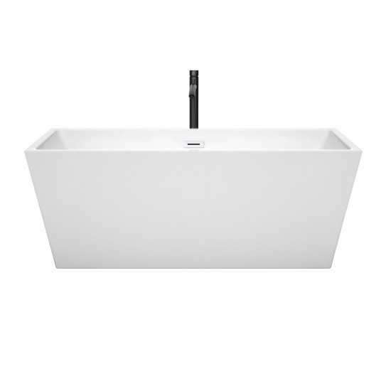 63 Inch Freestanding Bathtub in White, White Trim, Floor Mounted Faucet in Black