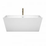 63 Inch Freestanding Bathtub in White, White Trim, Floor Mounted Faucet in Gold