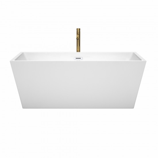 63 Inch Freestanding Bathtub in White, White Trim, Floor Mounted Faucet in Gold