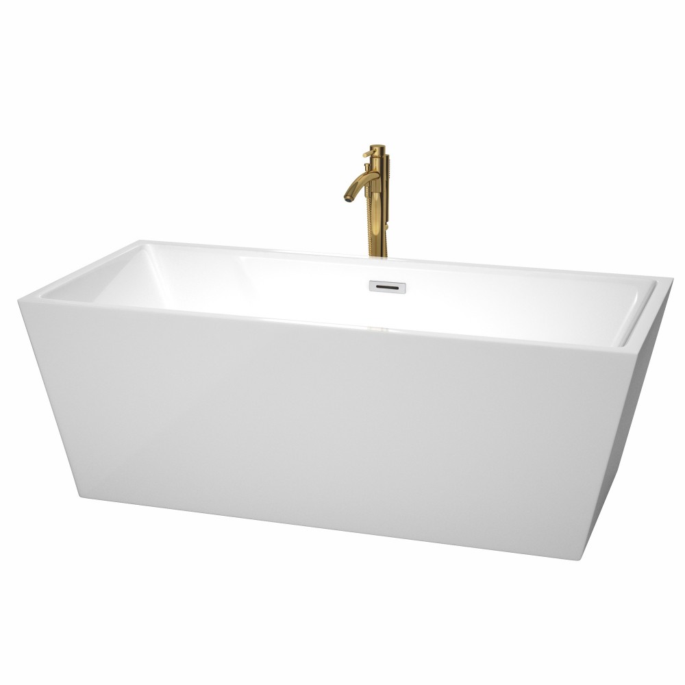 67 Inch Freestanding Bathtub in White, Chrome Trim, Floor Mounted Faucet in Gold