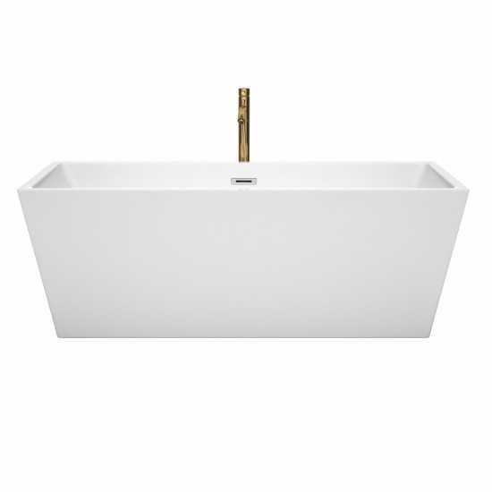 67 Inch Freestanding Bathtub in White, Chrome Trim, Floor Mounted Faucet in Gold