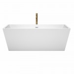 67 Inch Freestanding Bathtub in White, White Trim, Floor Mounted Faucet in Gold