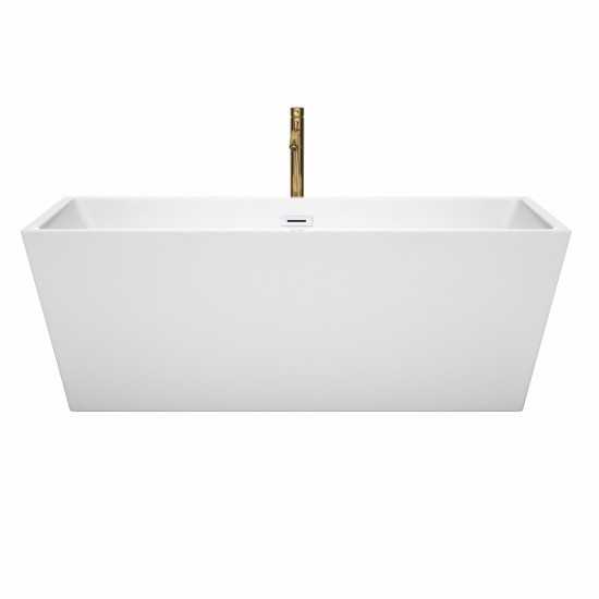 67 Inch Freestanding Bathtub in White, White Trim, Floor Mounted Faucet in Gold