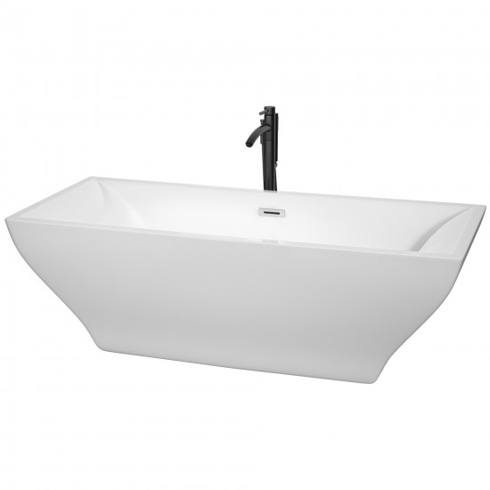 71 Inch Freestanding Bathtub in White, Chrome Trim, Floor Mounted Faucet in Black