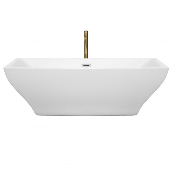 71 Inch Freestanding Bathtub in White, Chrome Trim, Floor Mounted Faucet in Gold