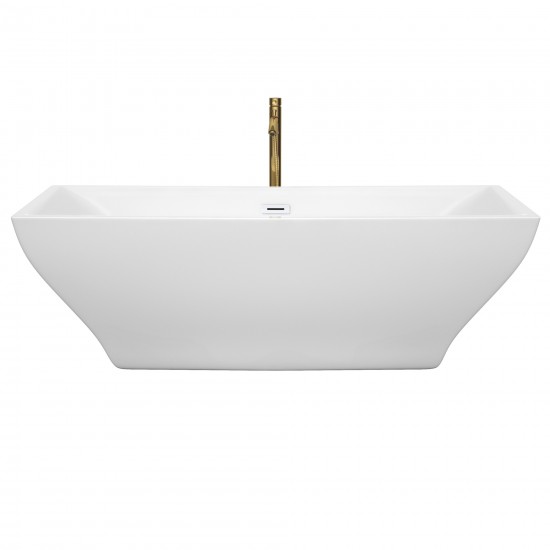 71 Inch Freestanding Bathtub in White, White Trim, Floor Mounted Faucet in Gold