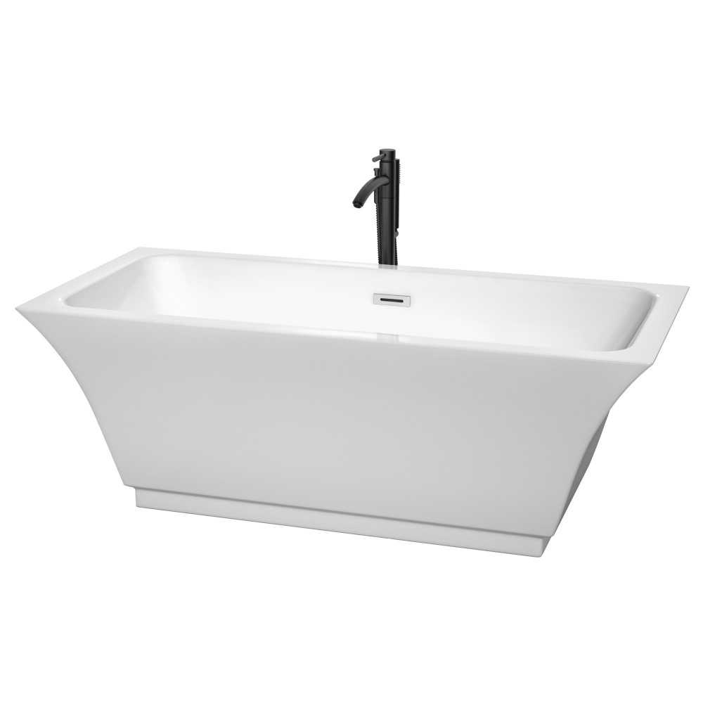 67 Inch Freestanding Bathtub in White, Chrome Trim, Floor Mounted Faucet in Black