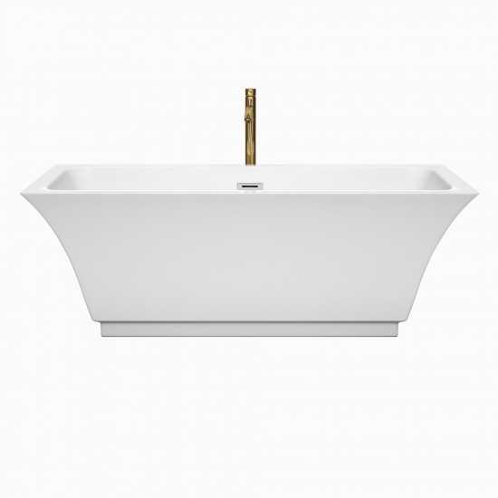 67 Inch Freestanding Bathtub in White, Chrome Trim, Floor Mounted Faucet in Gold
