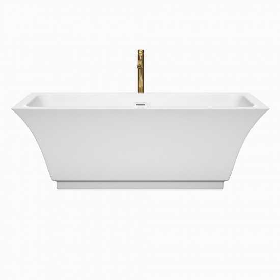 67 Inch Freestanding Bathtub in White, White Trim, Floor Mounted Faucet in Gold