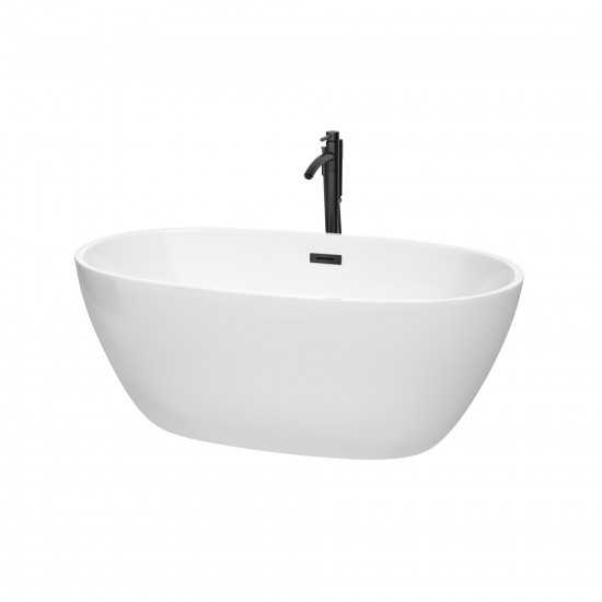 59 Inch Freestanding Bathtub in White, Floor Mounted Faucet, Drain, Trim in Black