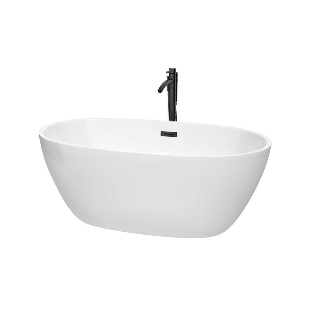 59 Inch Freestanding Bathtub in White, Floor Mounted Faucet, Drain, Trim in Black