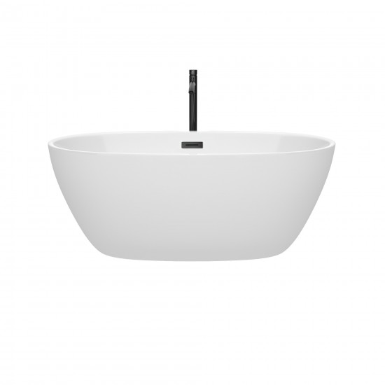 59 Inch Freestanding Bathtub in White, Floor Mounted Faucet, Drain, Trim in Black