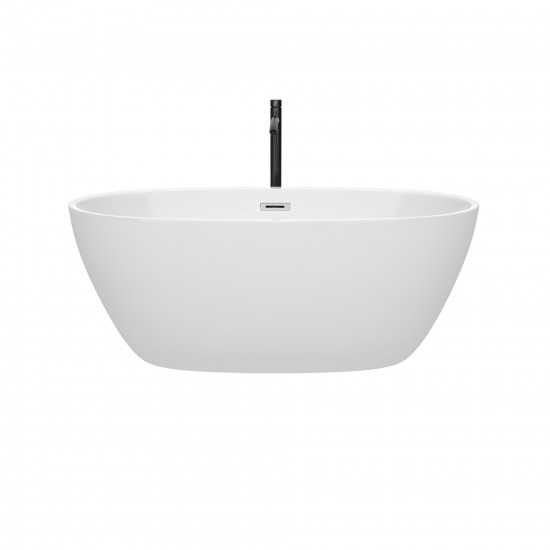 59 Inch Freestanding Bathtub in White, Chrome Trim, Floor Mounted Faucet in Black