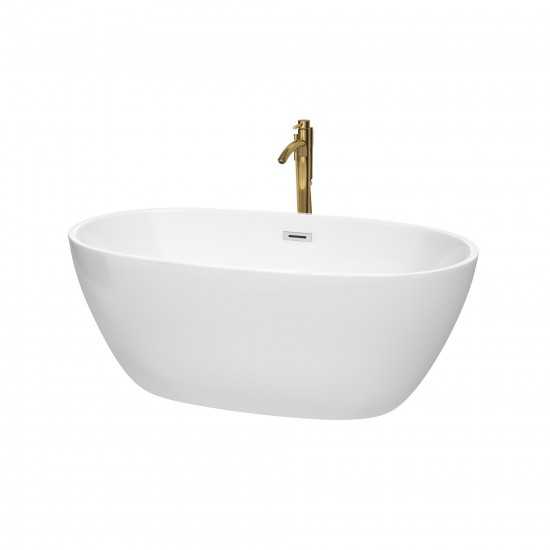 59 Inch Freestanding Bathtub in White, Chrome Trim, Floor Mounted Faucet in Gold