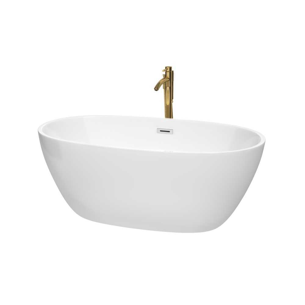 59 Inch Freestanding Bathtub in White, Chrome Trim, Floor Mounted Faucet in Gold