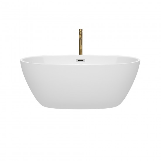 59 Inch Freestanding Bathtub in White, Chrome Trim, Floor Mounted Faucet in Gold