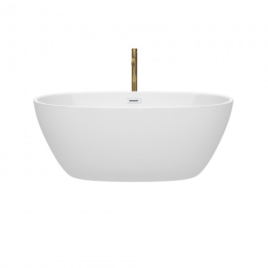 59 Inch Freestanding Bathtub in White, White Trim, Floor Mounted Faucet in Gold