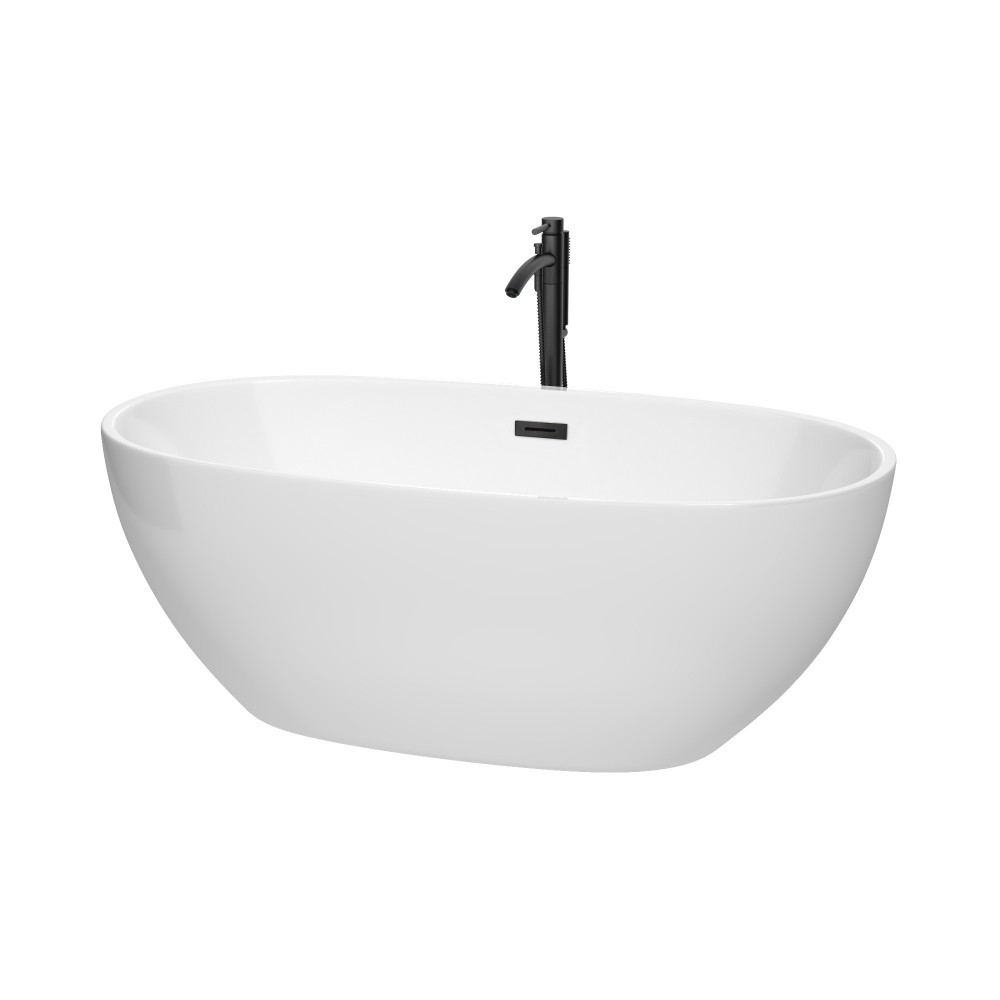 63 Inch Freestanding Bathtub in White, Floor Mounted Faucet, Drain, Trim in Black